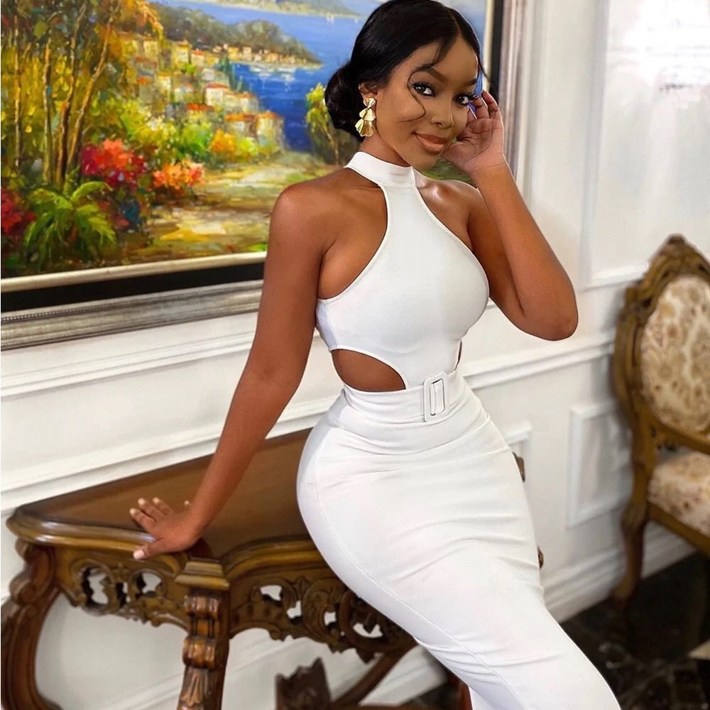 Super Sexy White MIDI Bandage DRESS With Belt